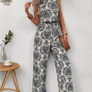 SHEIN Cream and Black Cropped Jumpsuit with Ornate Patterns Size XL